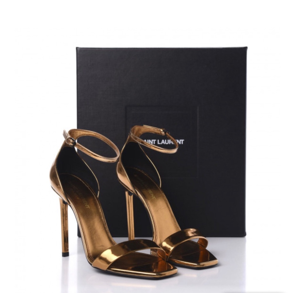 SAINT LAURENT
Metallic Lambskin Amber 105 Ankle Strap Sandals Size 37+